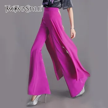 

TWOTWINSTYLE Chiffon Patchwork Women Pants High Waist Zipper Long Flare Trousers For Women Casual Fashion 2020 Spring Plus Size