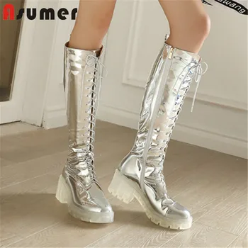 

ASUMER 2020 newest knee high boots women round toe cross tied zip Transparent heel platform boots fashion casual shoes woman