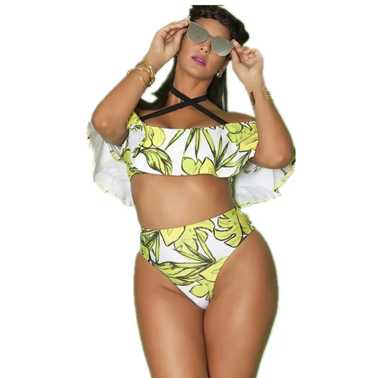 

New Style 2018 Europe And America WOMEN'S Swimsuit Printed Split Type Fat Large Size High-waisted Lotus Leaf Shoulder with Draws