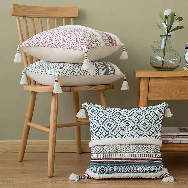 

45x45cm folk style batik cushion cover kilim tufted pillow case sofa backrest fringe pillow cover tassel home decor