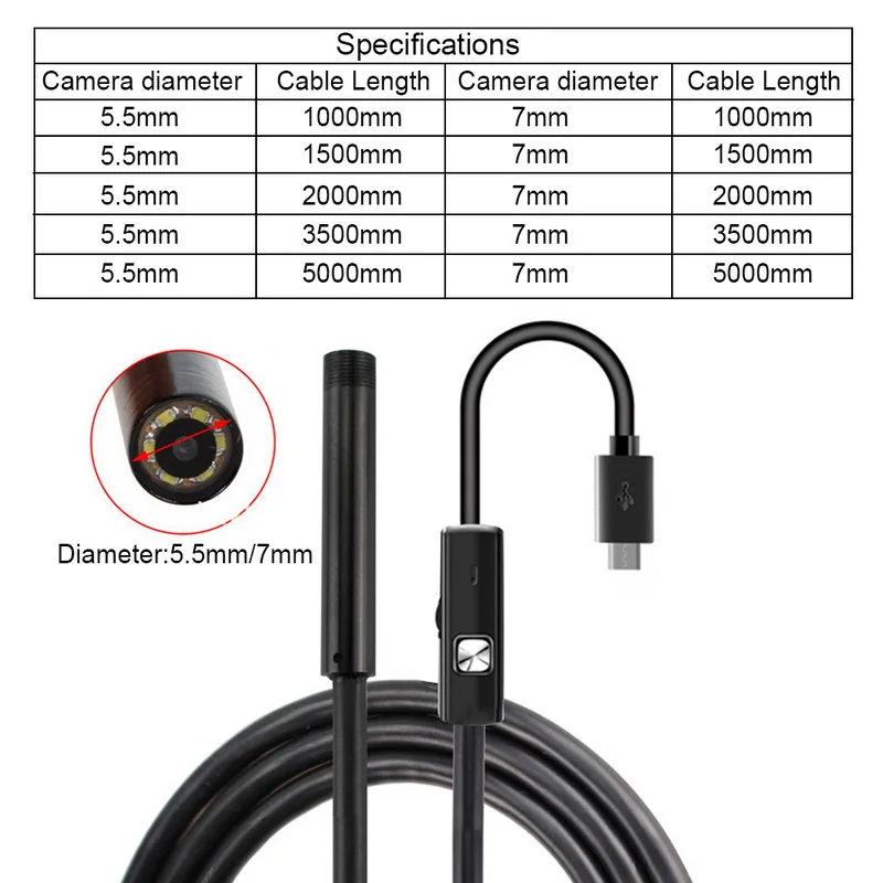 TOSPRA 5 м* 7 мм эндоскоп камера Android PC ноутбук 6 светодиодов Регулируемый гибкий IP67 водонепроницаемый USB осмотр бороскоп камера