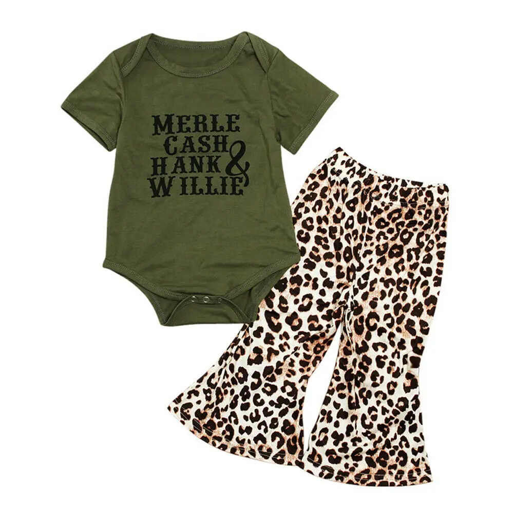 Осенняя одежда; детская одежда для маленьких девочек; футболка; топ; комбинезон+ штаны с леопардовым принтом; Sunsuit; комплекты из 2 предметов; США - Цвет: Зеленый
