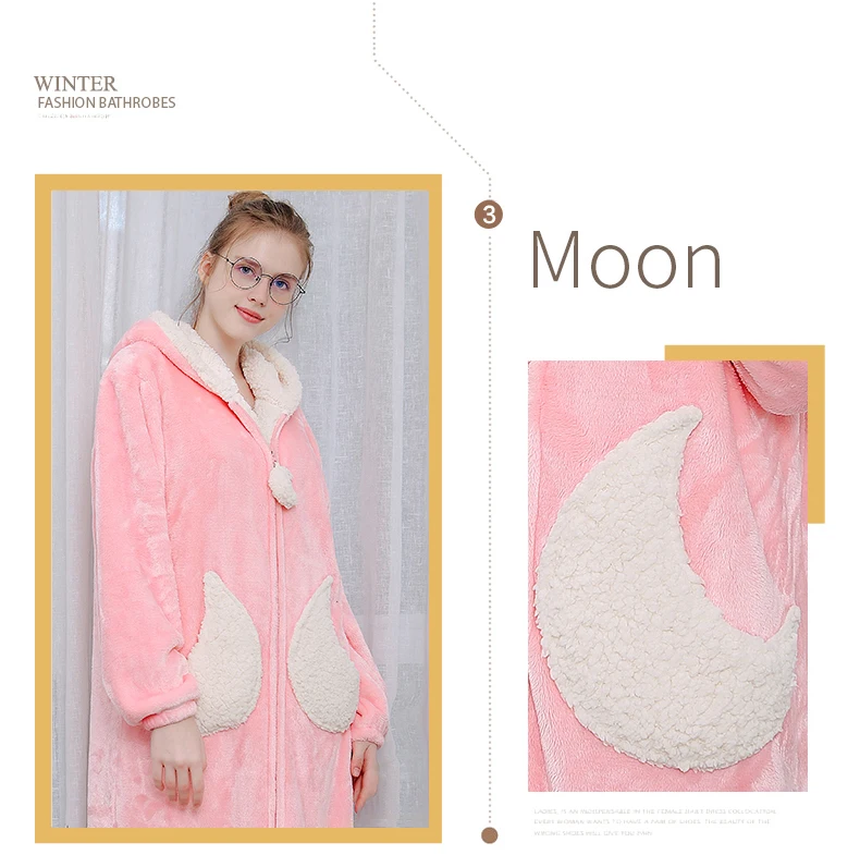 Women Winter Star Moon Plus Size Long Warm Flannel Bathrobe Pregnant Zipper Bath Robe Hooded Night Dressing Gown Men Sleepwear