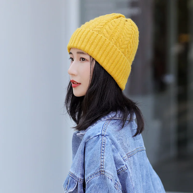 

New Women's Knit Hat Autumn Winter Warm Windproof Solid Color Curled Thick Wool Hat