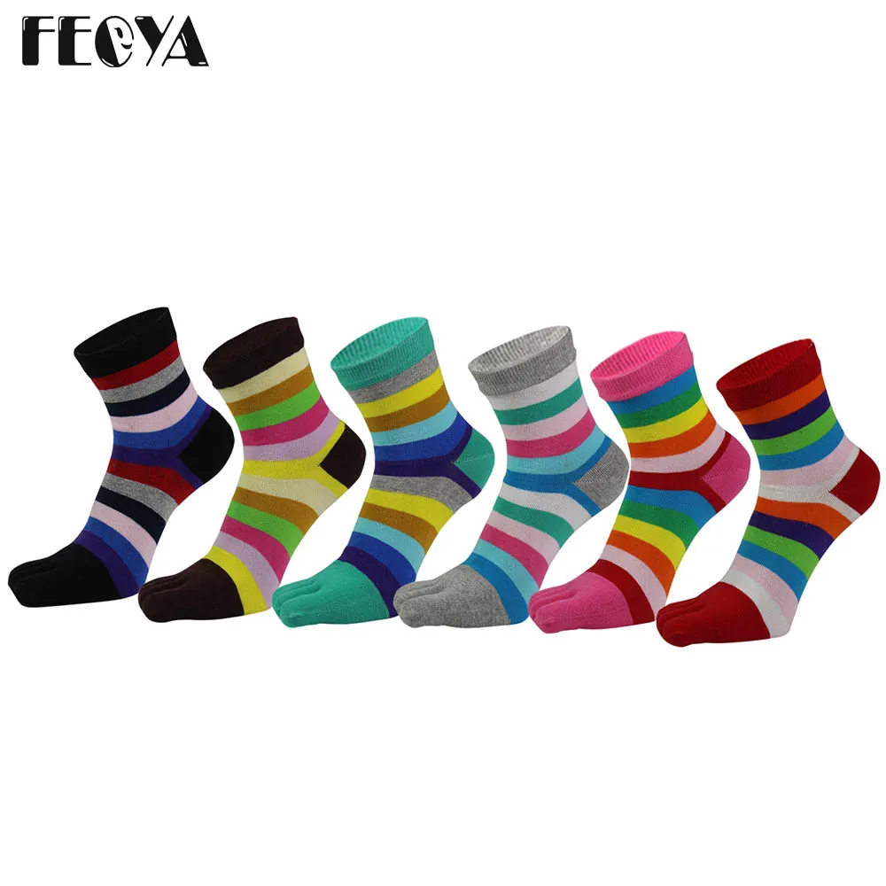 6 Pairs / Lot Autumn Winter Women Socks Cotton Fashion Five Fingers Toe Socks Rainbow Stripe Breathable Long Sock