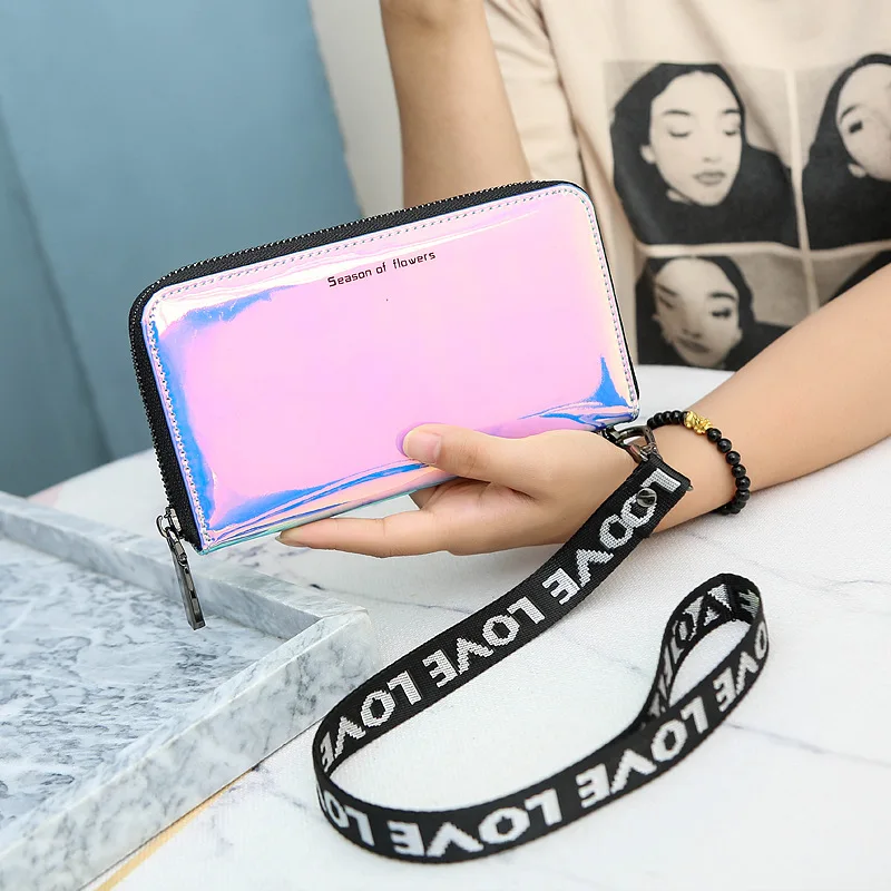 New Lanyard Laser Holographic Wallet Women Long Purse Female Clutch Bag Women Wallets Purses Zip Phone Pocket - Цвет: Фиолетовый