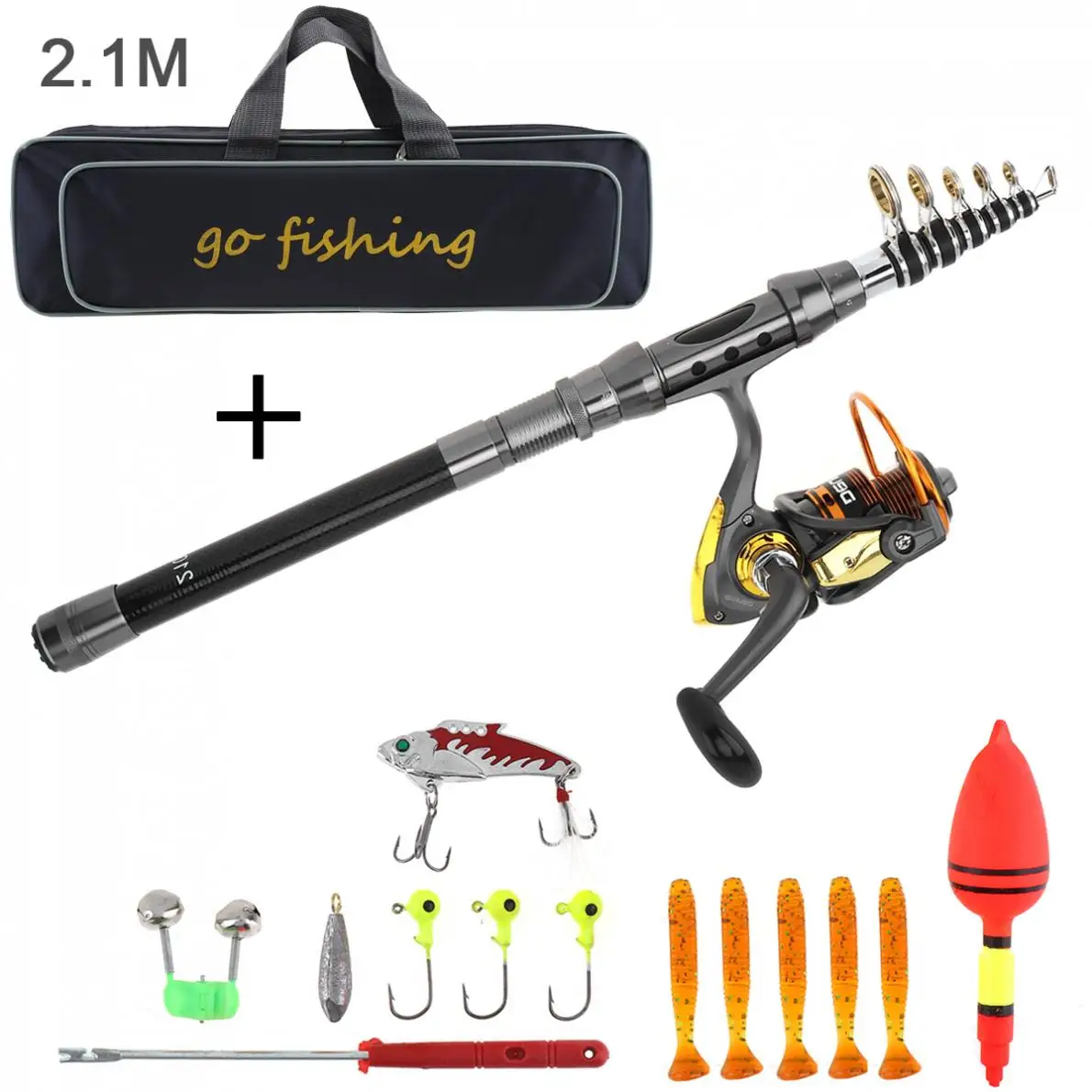 2.1m Carbon Fiber Fishing Rod Reel Combo Full Kits 2000Spinning Reel with  Fishing Bag Soft Lures Fishing Float Hook Jig
