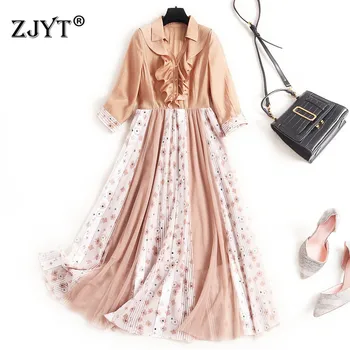 

Europe Fashion Spring Women Dress 2020 New Designer Ruffle Patchwork Print Tulle Patchwork Casual Aline Dress Vestidos