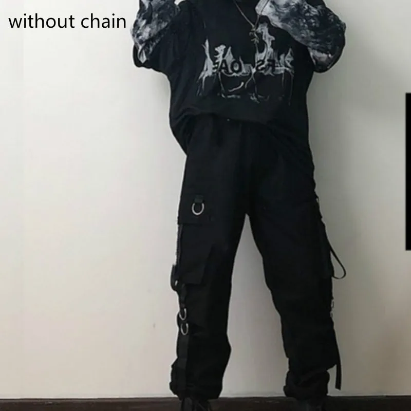 black without chain Neploe Harajuku BF женские брюки корейские карманы цепь эластичный пояс брюки свободные с высокой талией женские брюки длиной до щиколотки 80452 - Цвет: black without chain