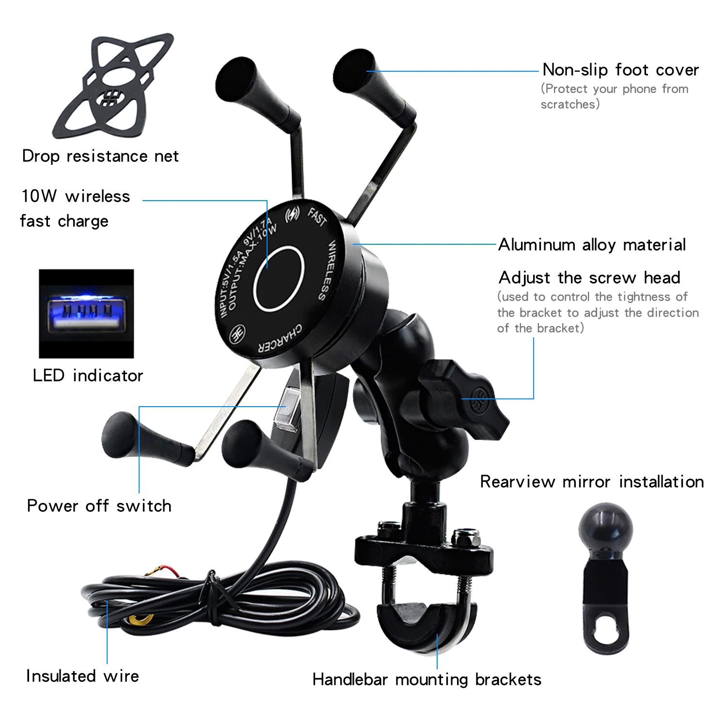 ARVIN 2 in 1 Aluminum Motorcycle Phone Holder Bracket Wireless charger QC3.0 Quick charge Moto Handlebar stand for Phone Mount