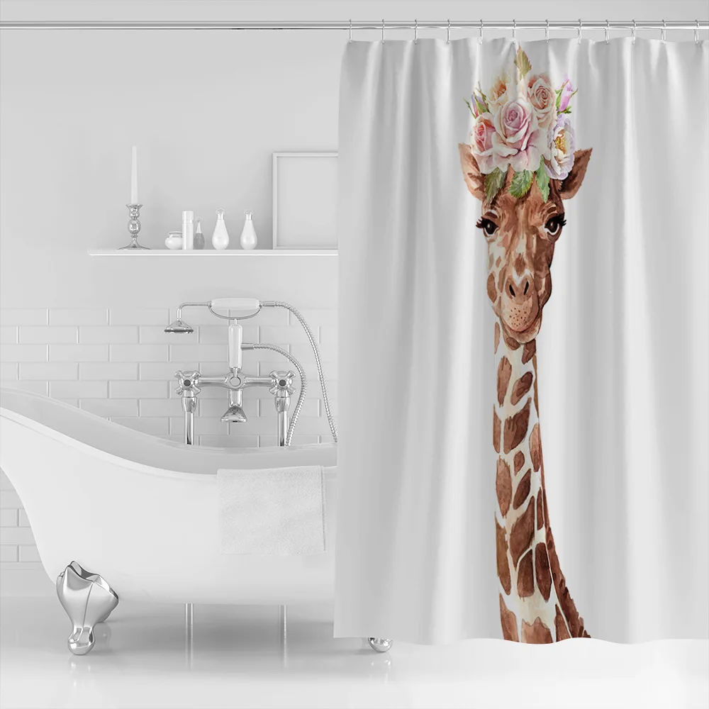 Giraffes Flowers Animals Flowers Shower Curtain Pyramids Polyester Fabric Shower Curtain Bathroom with Hooks