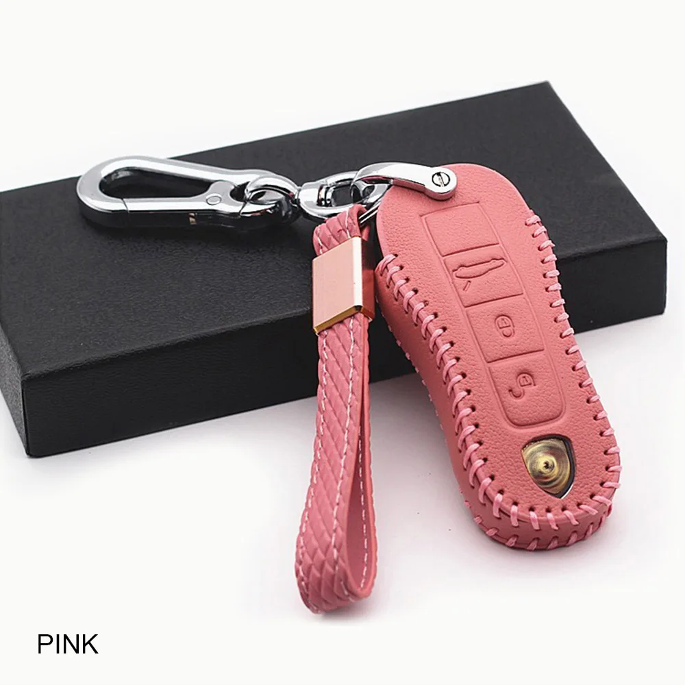 Чехол-держатель из натуральной кожи для автомобильных ключей, чехол-кольцо для Porsche Macan 911 Panamera Cayenne, защитный чехол-сумка - Название цвета: pink