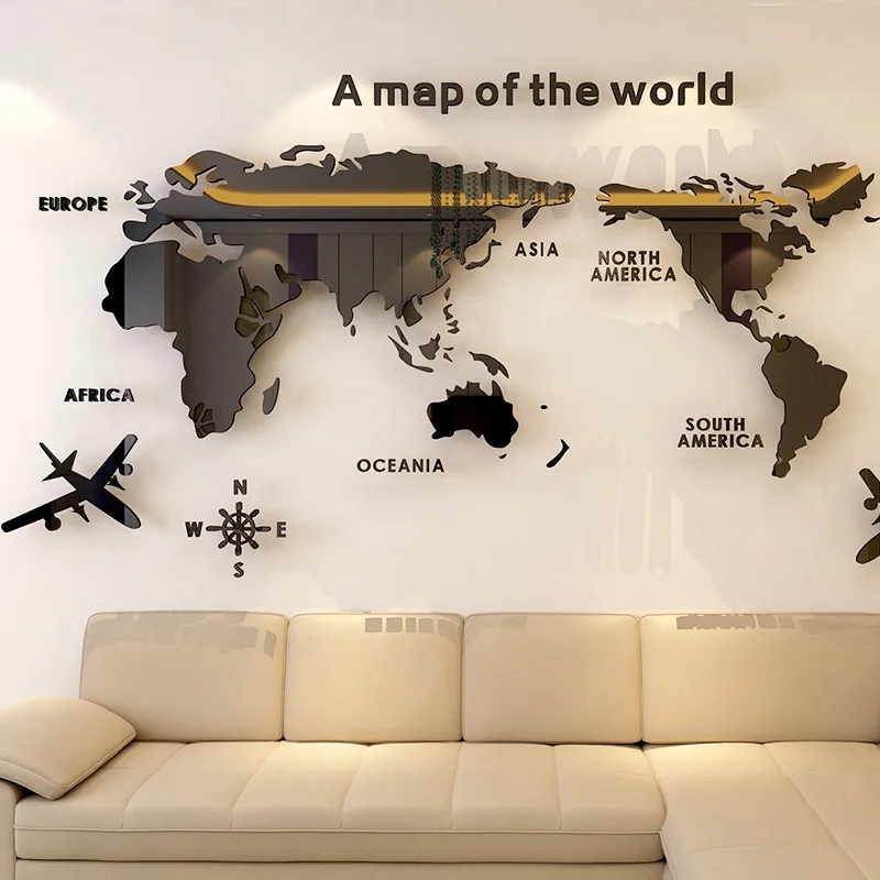 

European Black World Map 3D Acrylic Wall Stickers Crystal Mirror Stickers for Office Sofa TV Background Wall Decorative Stickers