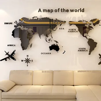 

European Black World Map 3D Acrylic Wall Stickers Crystal Mirror Stickers for Office Sofa TV Background Wall Decorative Stickers