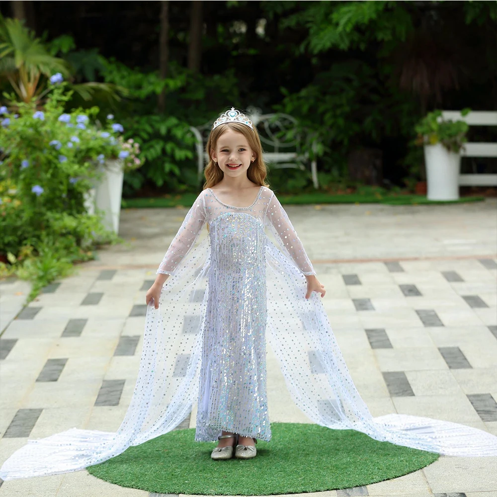 Birthday Party Girls Princess Elsa Dress Summer Toddler Girl Long Sleeve Blue Dresses with Long Tail Sequins Elegant Ball Gowns