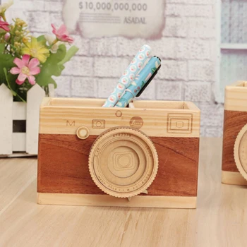 

Retro Camera Shape Double Layer Wooden Pen Holder Gift Original Wooden Learning Stationery Large Pen Holder Ornaments