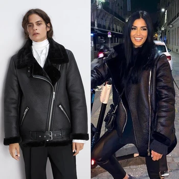 

2019 Fashion ZA Pu Faux Leather Cotton Clothes Women Jacket Motorcycle Coat Lambswool Stand Collar Belt Buckle Autumn Winter New