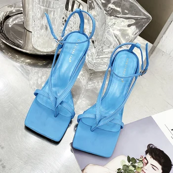 

2020 Women Summer Blue Square Toe High Heels Sandals Flip Flops Sandals Cross-Tie Narrow Band Simple White Sandals Party Shoes
