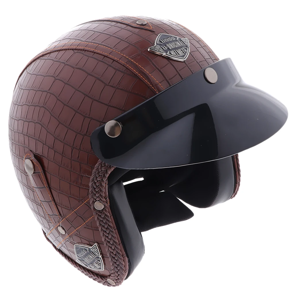 Man-made Leather Full Face Motorcycle Helmet w/View Clear Visor - Цвет: XL Brown  Black