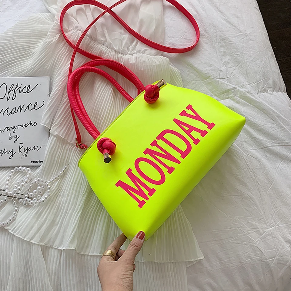 Women Tote Bags Neon Color Yellow Crossbody Shoulder Bag PU Leather Female  Fashion Bag Designer Handbags Monday Letter Print - AliExpress Luggage &  Bags