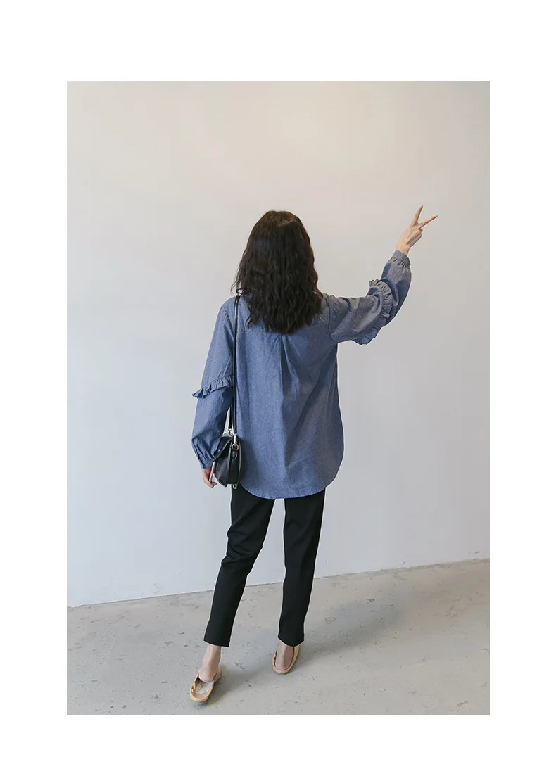 Maternity Long Sleeve Solid Color Cowboy Blouse Elegant SpringAutumn Pregnant Women Loose Shirts Single-Breasted Pregnancy Tops