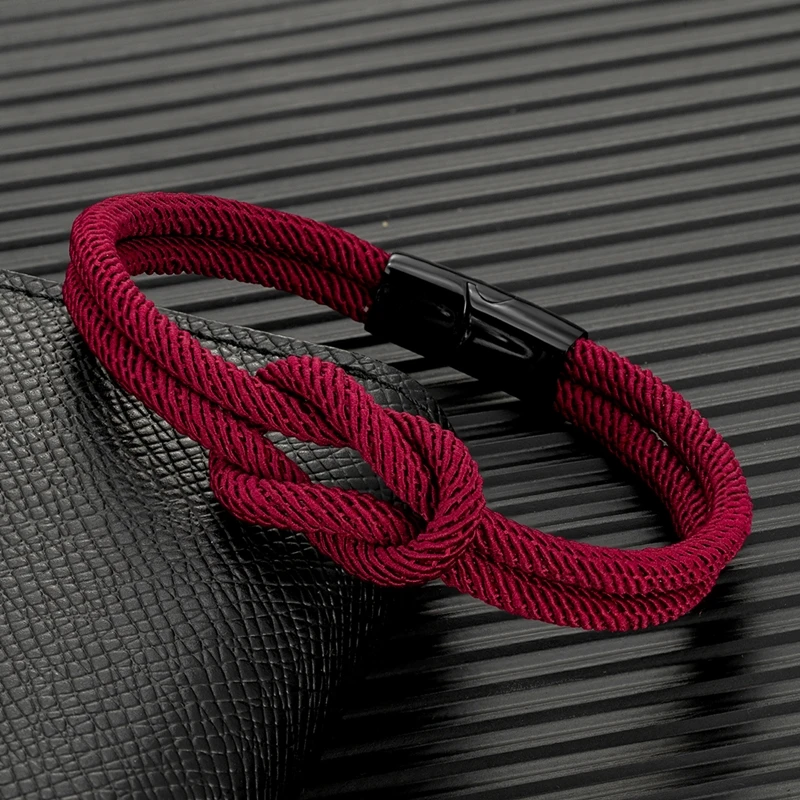 Men Double-layer Knotted Rope Bracelet For Women Black Stainless Steel Silder Magnet Buckle Infinity Couple Jewelry