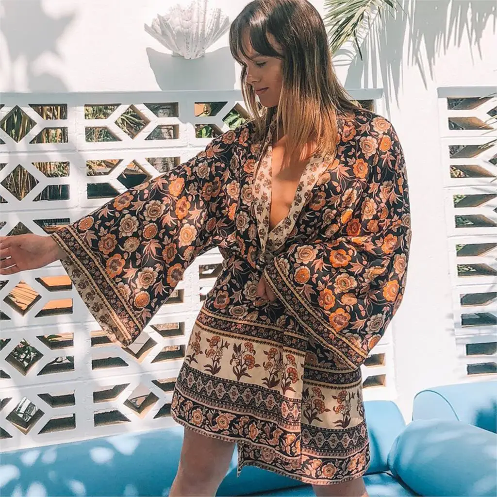 

Vintage Floral Print Kimono Jacket Summer Beach Cover Up Cardigan Women Clothing 2020 Casual Loose Long Jackets Top Blusa
