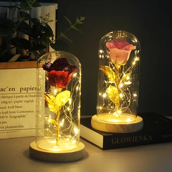 

Beauty And The Beast Rose LED Light Eternal Flower A Glass Dome On A Wooden Base As A Valentine's Day Gift Wedding Decoration