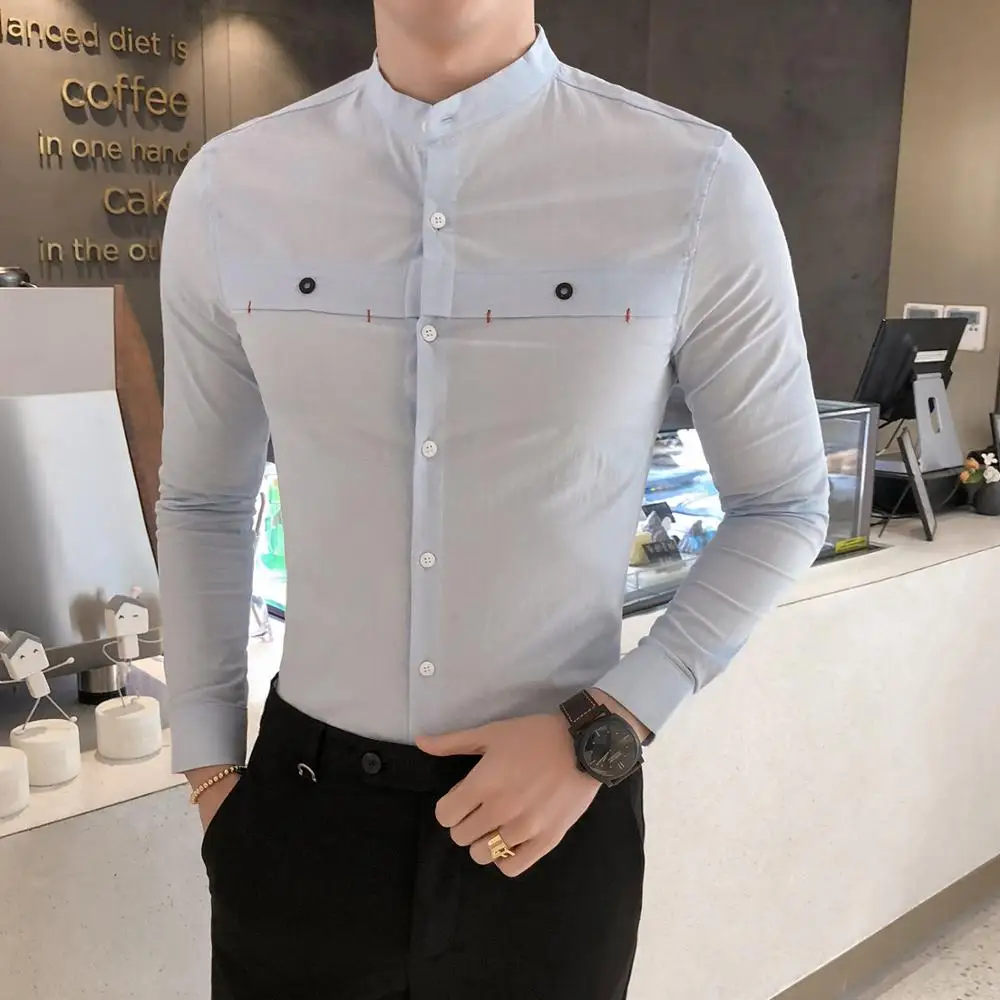 Camisa claro para hombre a la moda 2019 ropa Formal Simple camisas casuales para hombre cuello de soporte camisa negocios un solo pecho blusas de hombre - AliExpress Ropa