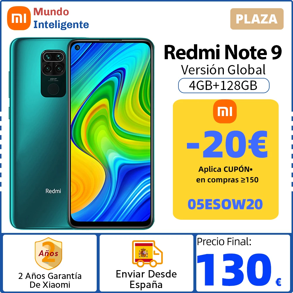 -20€ Código: 05ESOW20 ,Xiaomi-Smartphone Redmi Note 9, versión Global, 4GB, 128GB, 5020 mAh, Helio G85, ocho núcleos, pantalla de 6,53 pulgadas, cámara cuádruple de 48MP