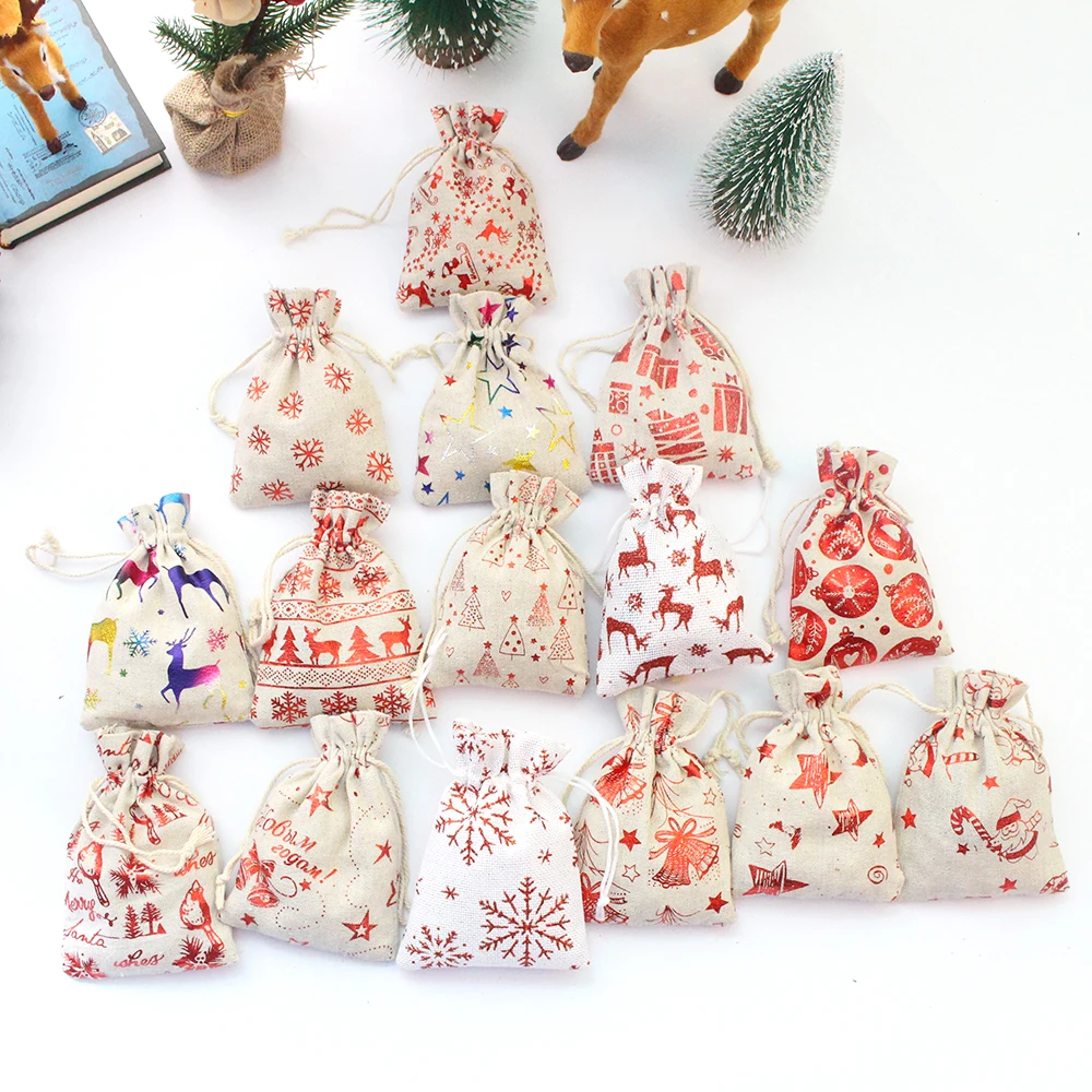 

5Pcs/Lot 10×14 13×18 Santa Festival Gift Bag Packing Linen Cotton Pouches Sachet Pouches Velvet Bag Can Customized Logo