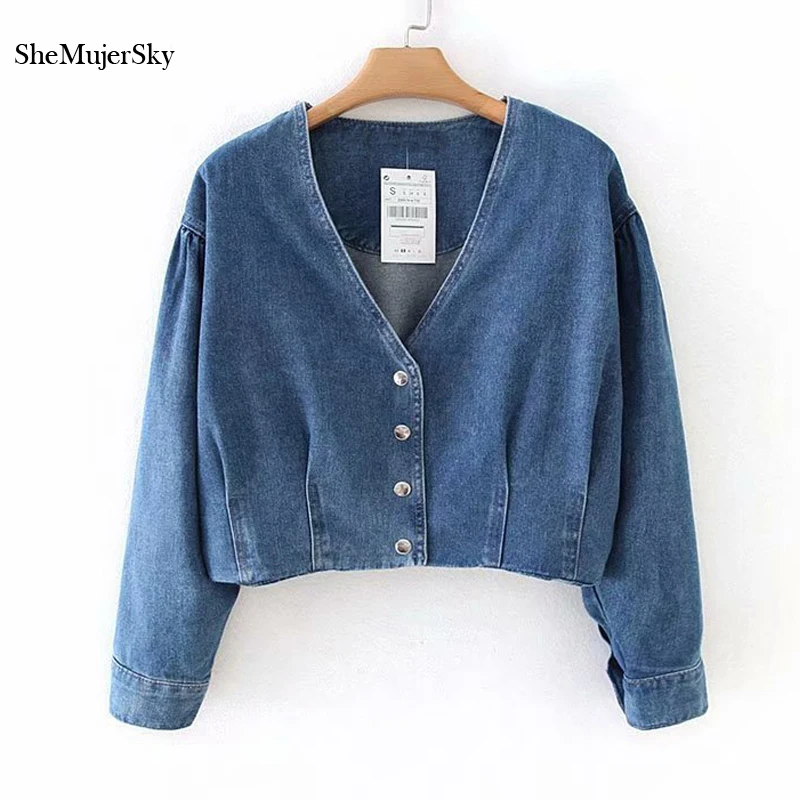 SheMujerSky Blue Denim Coat Women Autumn Short V-neck Long Sleeve Coats Cropped Jackets spijkerjasje dames