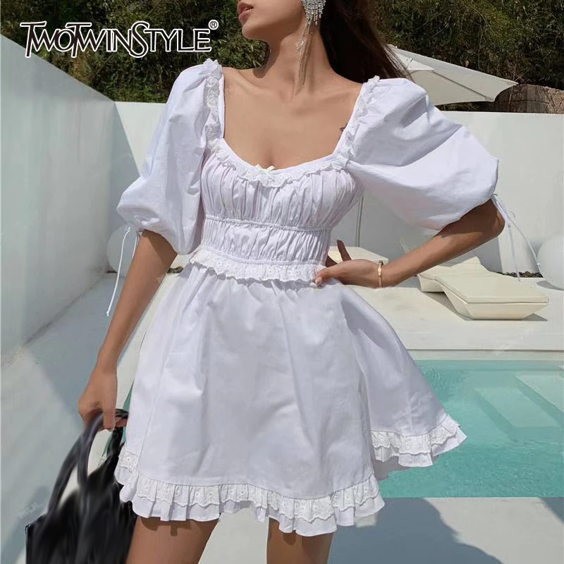 TWOTWINSTYLE Elegant Summer Dress Women Square Collar Lantern Short Sleeve High Waist Patchwork Ruffles Dresses Female Fashion TWOTWINSTYLE Elegant Summer Dress Women Square Collar Lantern Short Sleeve High Waist Patchwork Ruffles Dresses Female Fashion