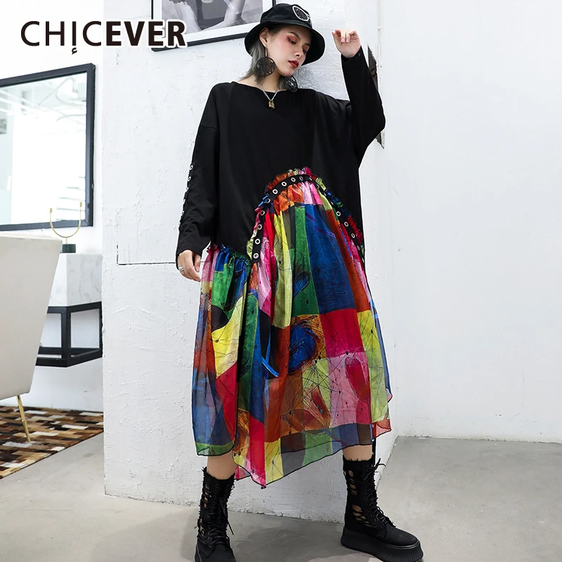 CHICEVER лоскутные платья популярных цветов для женщин с круглым вырезом длинным
