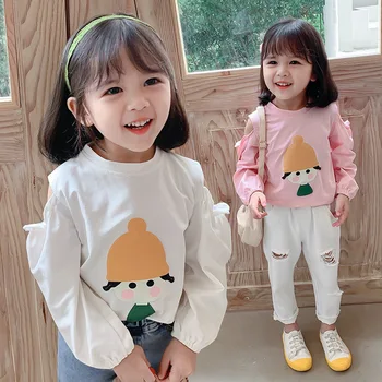 

2020 Autumn New Style Childrenswear Girls Long Sleeve Cartoon T-shirt Children Korean-style off-the-Shoulder Hoodie Base Shirt