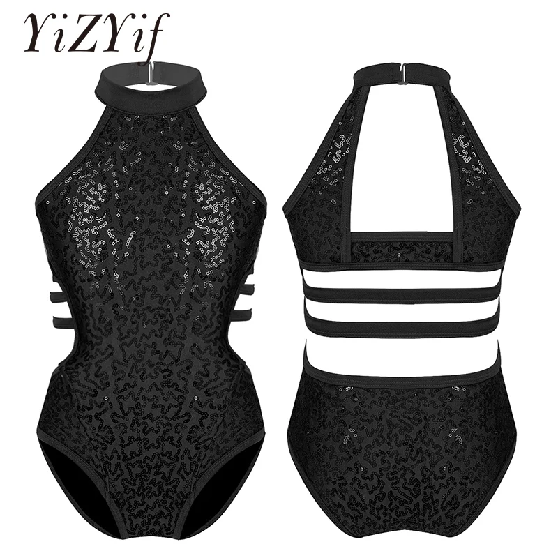 

Sparkly Sequins Ballet Leotards for Girls Sleeveless Cutouts Back Strappy Waist Gymnastics Leotards Ballet Dance costume Kids