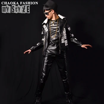 

New fashion men's black motorcycle letter leather jacket European and American stage singer DJ costume leather jacekts