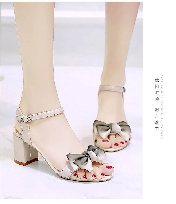 

2019 Summer New Style Korean-style Bow Mixed Colors Peep Toe Chunky Heel Straight Line Buckle Versatile Sweet High-heeled Sandal