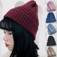 Осенне-зимняя модная теплая однотонная шерстяная вязаная шапочка для девочек, шапка для женщин и мужчин, однотонная Повседневная шапка в стиле хип-хоп с манжетами