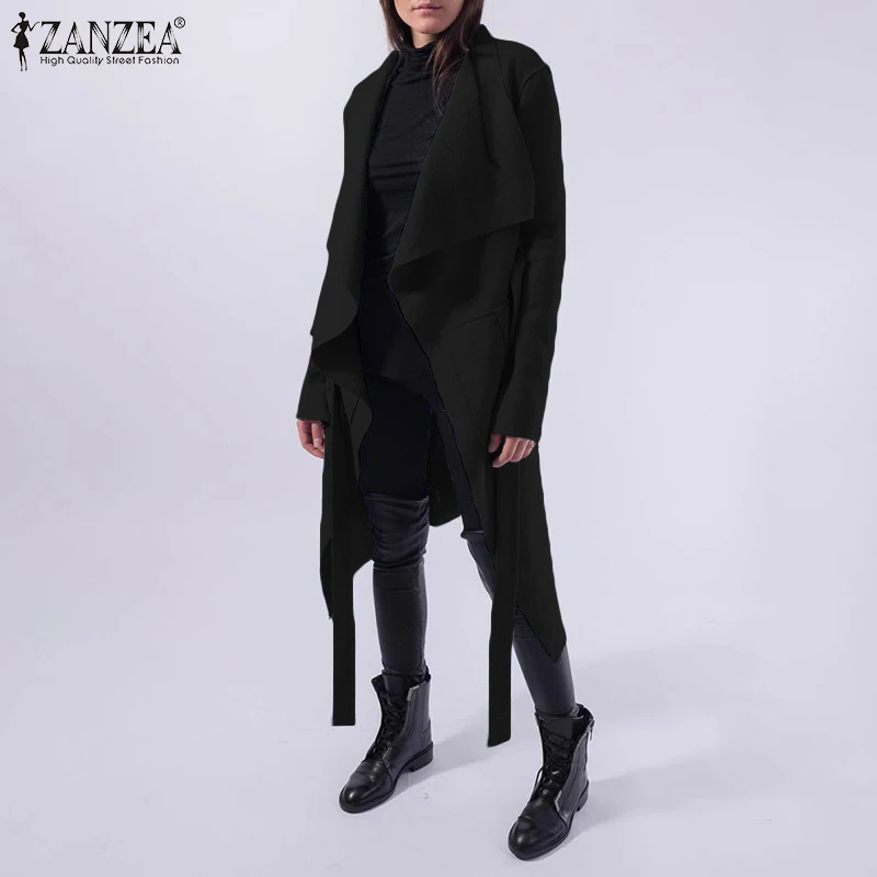ZANZEA, модные женские длинные пальто, куртки с отложным воротником и карманами, пальто, верхняя одежда, повседневная свободная одежда с ремнем, Chaqueta Mujer