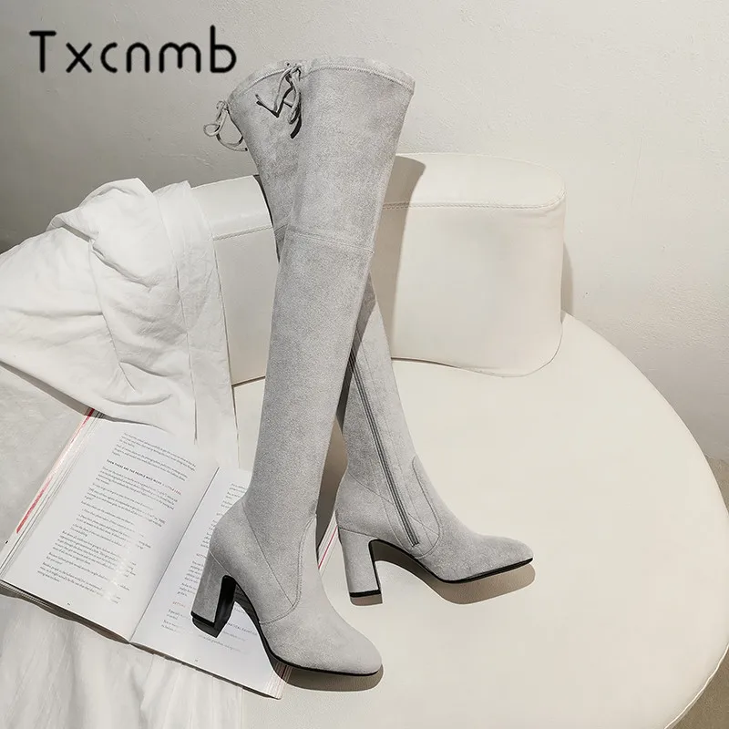 

TXCNMB Suede Leather Women High Boots Thigh High Boots Black Over Knee Boots Sexy Fashion Lace Up Buckle Shoes