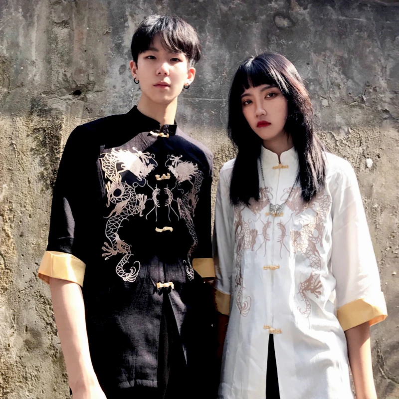 Lychee Harajuku пряжка с длинным рукавом Лоскутная Осенняя женская блузка Дракон женская блузка с вышивкой отложной воротник женская рубашка