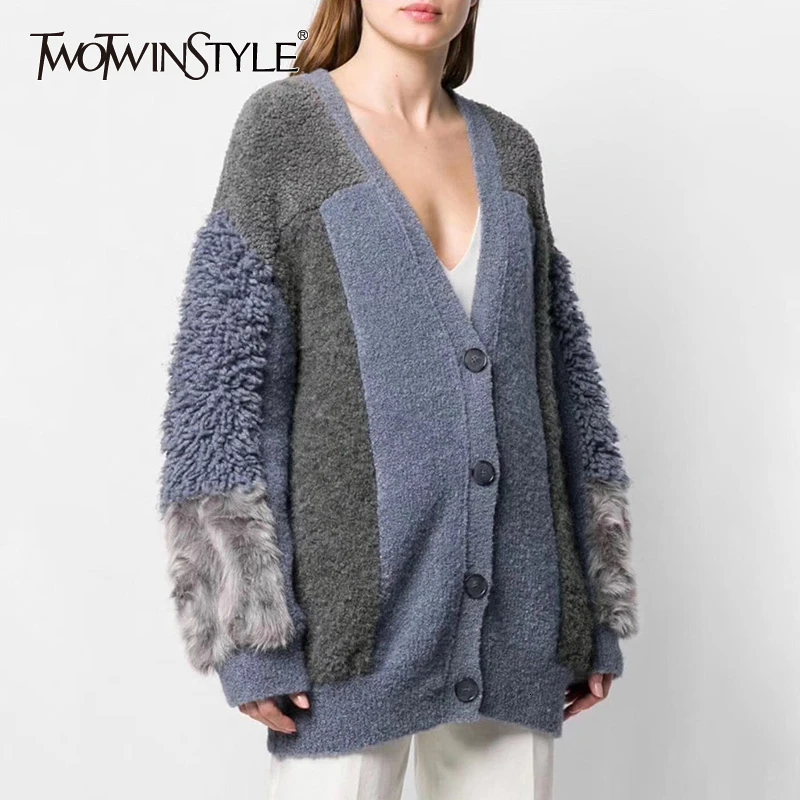 TWOTWINSTYLE Patchwork Fur Women's Cardigans V Neck Lantern Long Sleeve Oversized Female Sweaters 2020 Autumn Winter Fashion New |