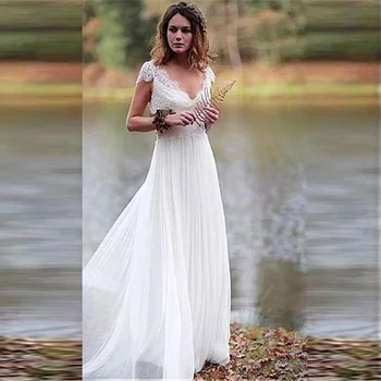 

Fatanstic V-Neck Lace Appliques A-Line Wedding Dresses Custom Made Bridal Gowns Beach Long Vestidos De Marriage
