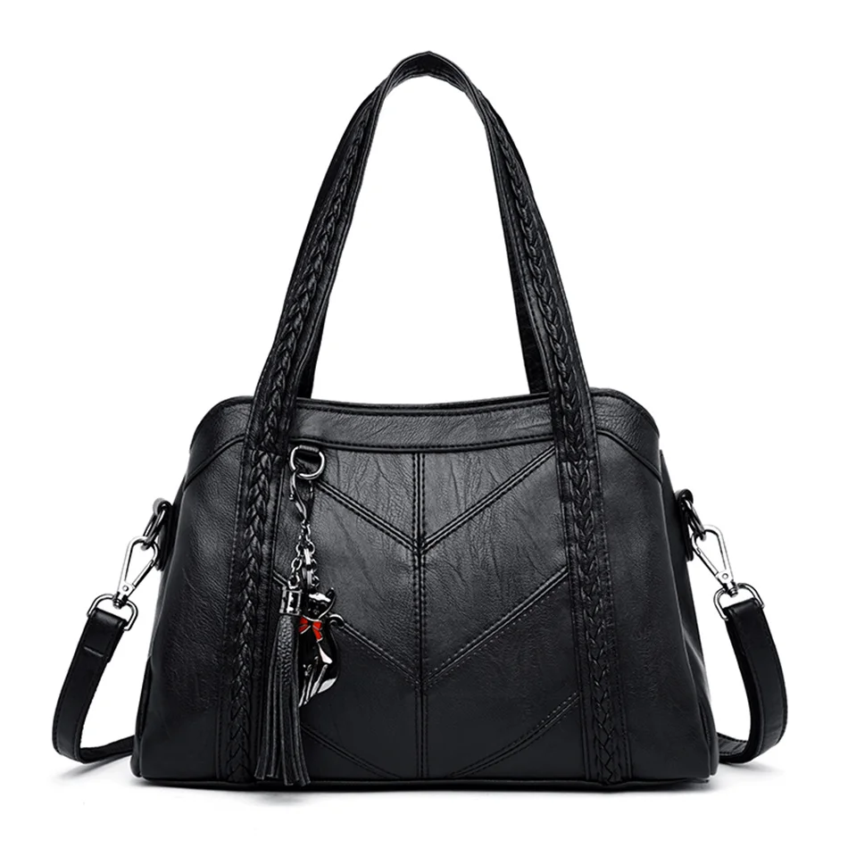 Элегантная женская кожаная сумка Роскошные сумки женские сумки дизайнерские милые сумки через плечо с бахромой для женщин кошелек Mujer - Цвет: Black