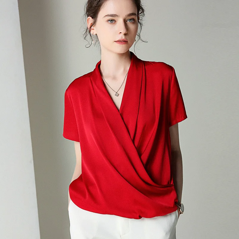 

2019 Spring And Summer Important Silk Shirts WOMEN'S Short Sleeves Silk WOMEN'S Dress Silk V-neck Cross Tops Loose-Fit Sweater