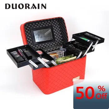 

four open embroidered plaid makeup box hand-held jewelry box makeup bag large multifunctional cosmetics receiving box