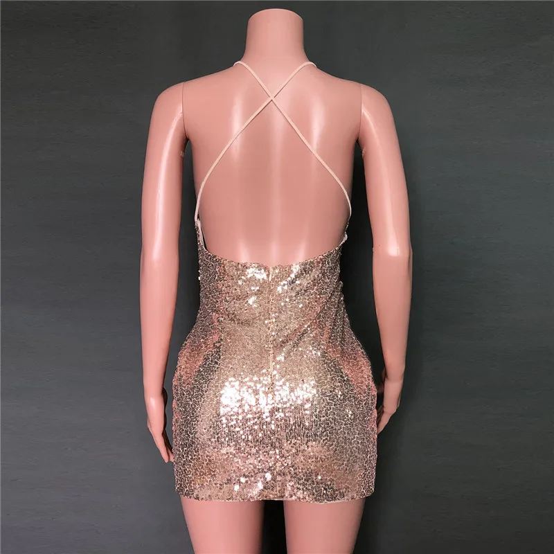 ANJAMANOR, сексуальное платье с глубоким вырезом, с открытой спиной, необычное платье с блестками, блестящие вечерние платья для женщин, Клубная одежда, облегающее платье, D88-AH43