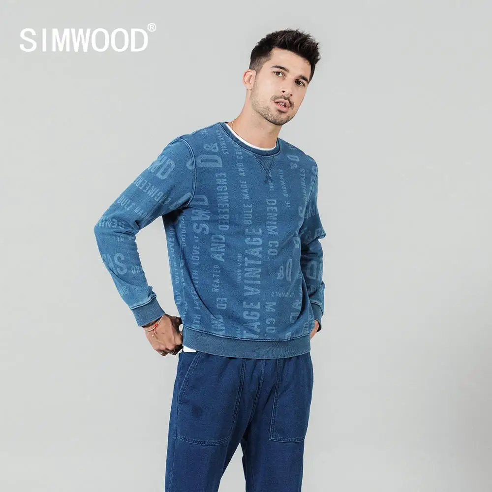SIMWOOD 2020 spring new letter print hoodies men plus size o-neck 100% cotton pullovers jooger blue indigo tracksuits SI980529 SIMWOOD 2020 spring new letter print hoodies men plus size o-neck 100% cotton pullovers jooger blue indigo tracksuits SI980529