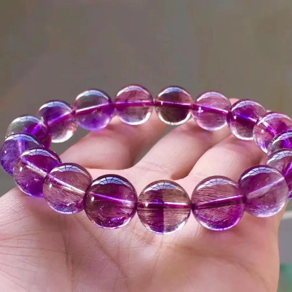 

12mm Natural Purple Super Seven 7 Rutilated Quartz Crystal Round Beads Bracelet Women Men Rare AAAAAA Certificate